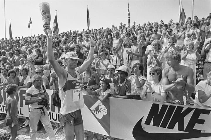 Challenge Almere-Amsterdam: historic holland triathlon in almere, winner cheered by crowd (1980s)