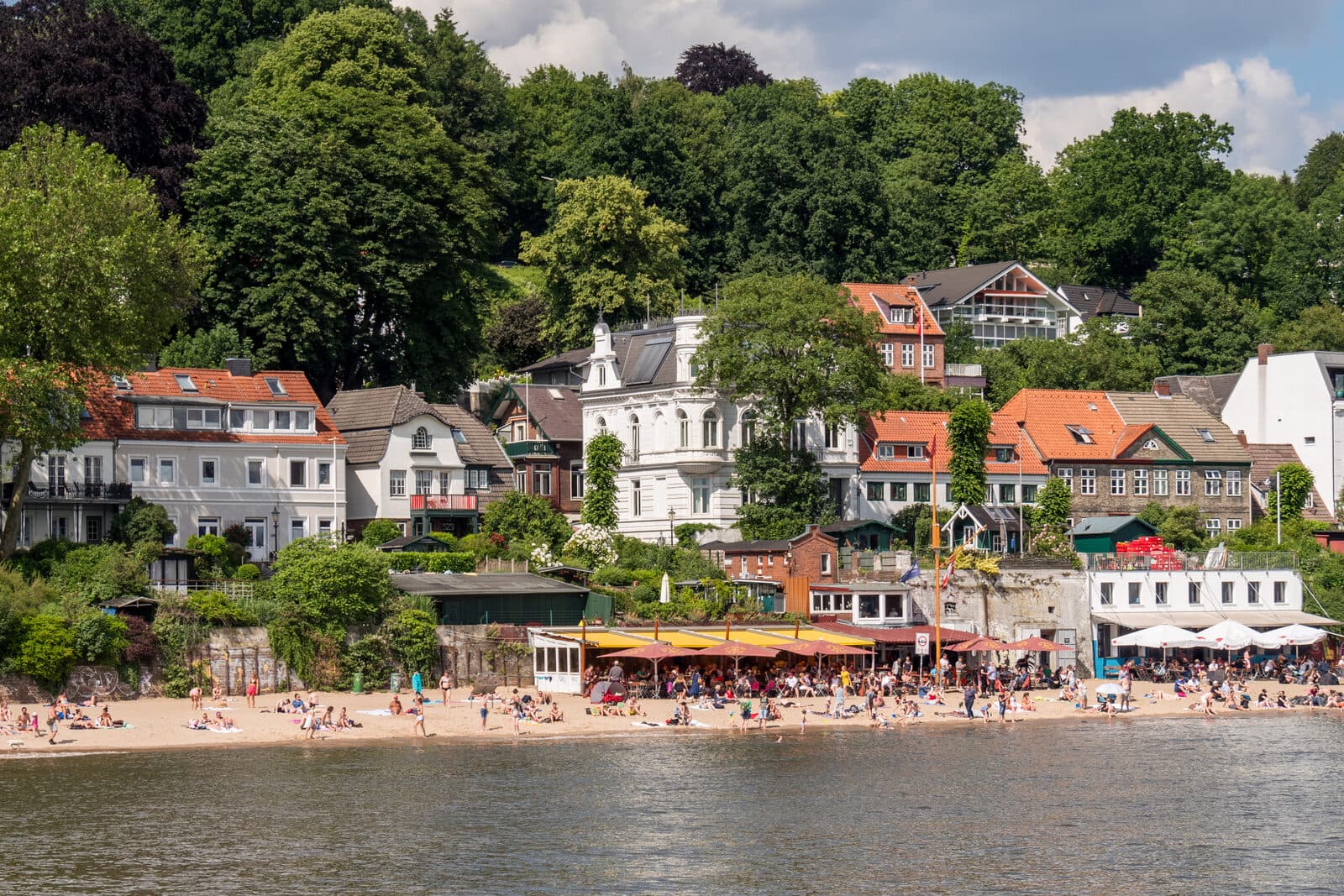 14. Elbe-Triathlon: övelgönne beach and riverside houses on the elbe, hamburg — destination scenery near hamburg; not a photo of this event.