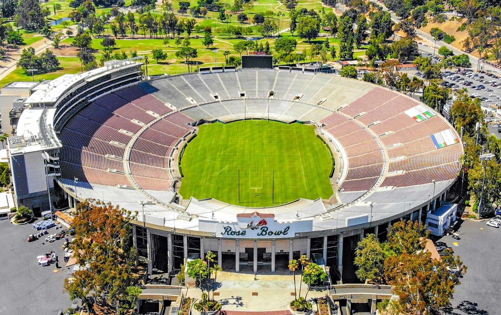 Rose Bowl Half Marathon & 5K: aerial view of the rose bowl stadium in pasadena, where the half marathon and 5k finish on the field. not a race-day photo.
