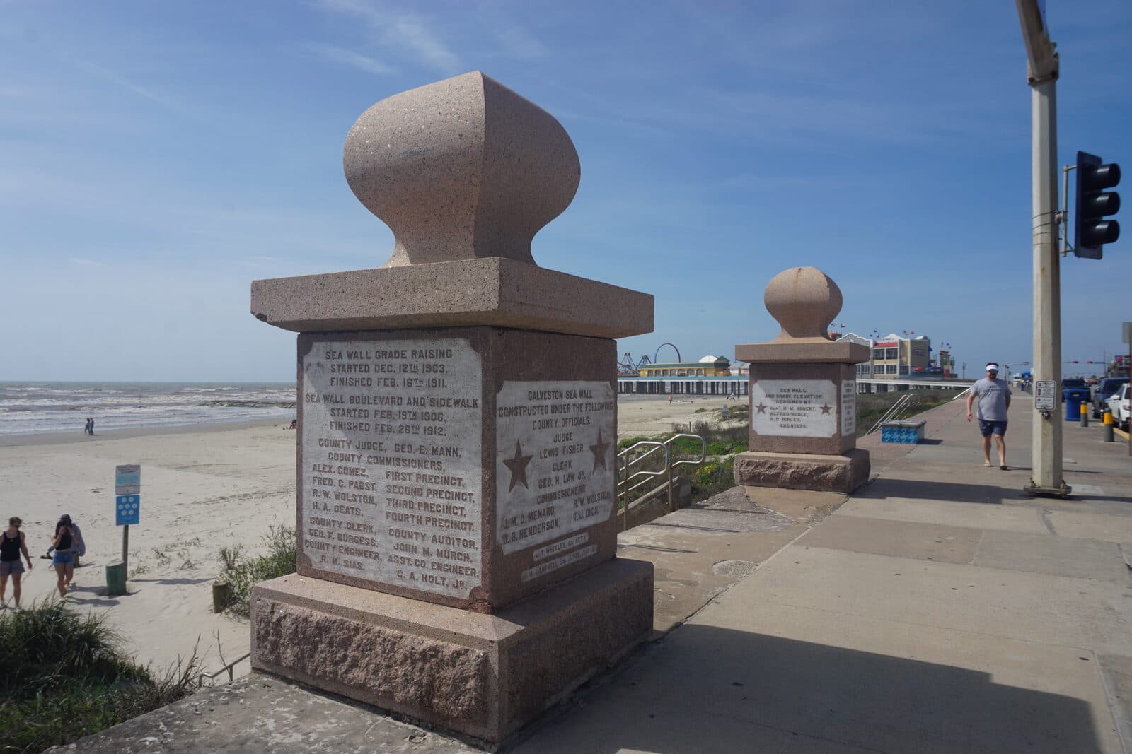 Santa Hustle Galveston: seawall monuments on seawall boulevard in galveston, the street santa hustle runs along. the photo is not from race day and is not from the start area.