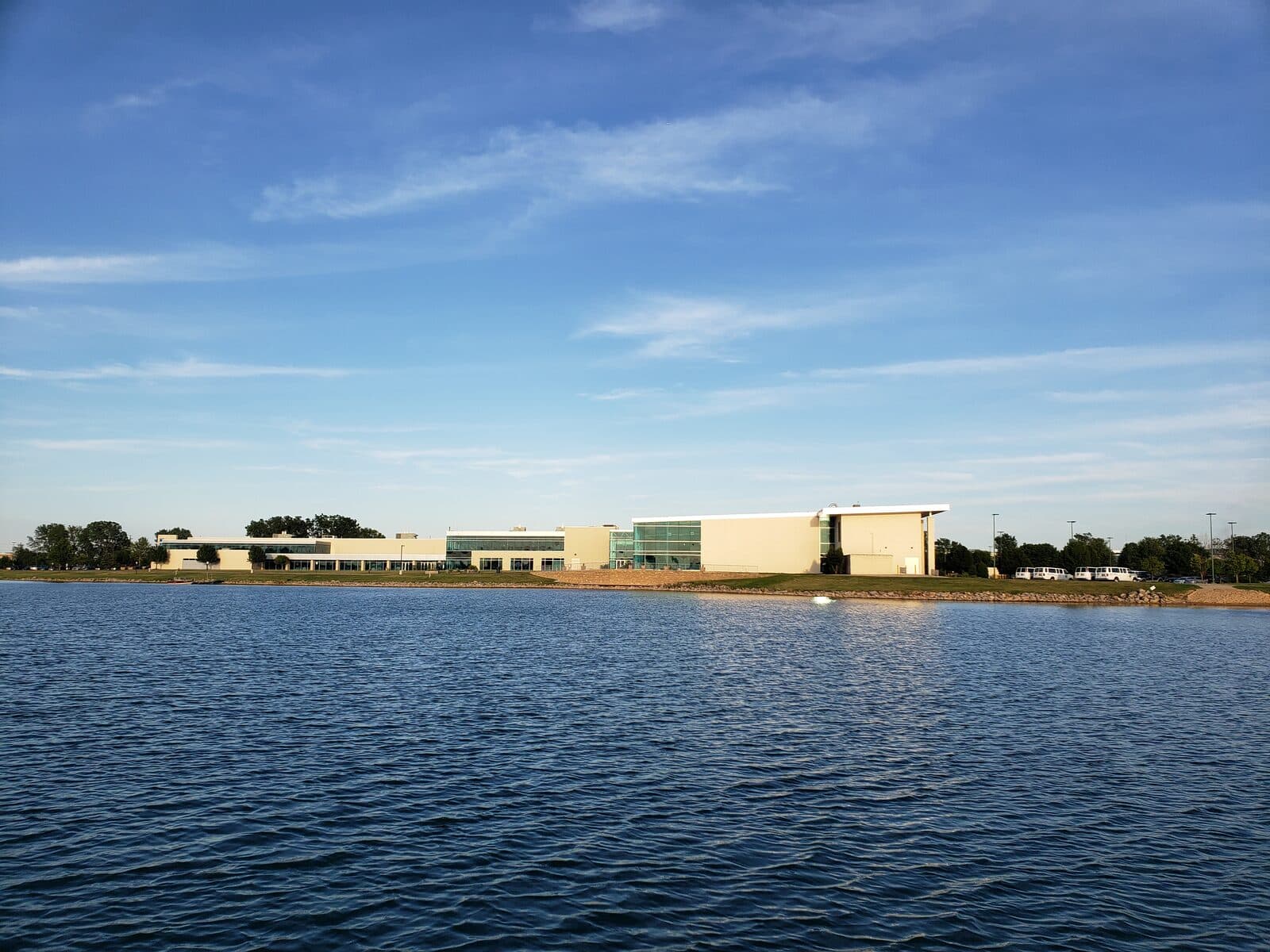 Pleasant Prairie Triathlon: lake andrea in pleasant prairie, with the recplex on the north shore. — destination scenery near pleasant prairie; not a photo of this event.