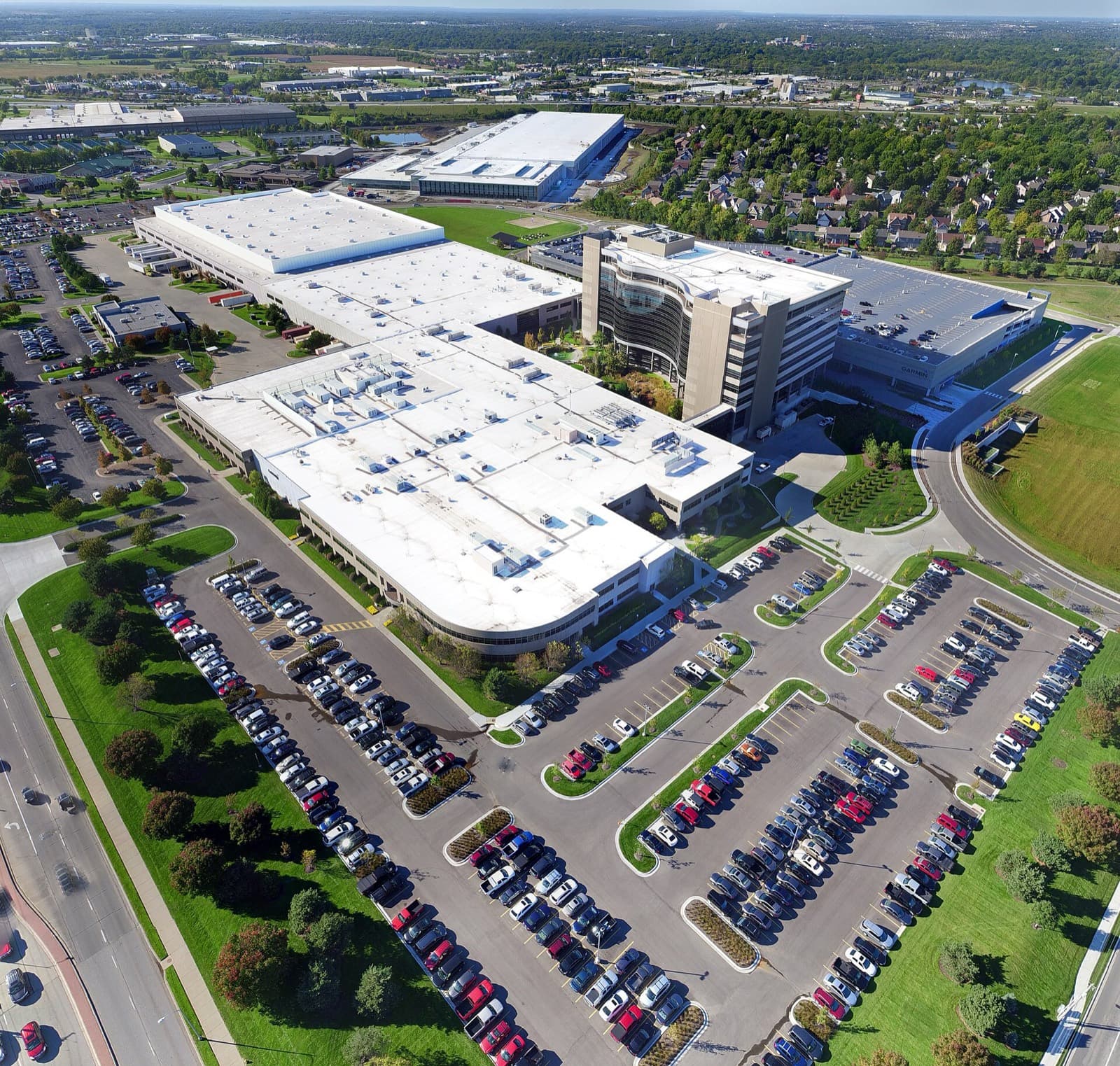 Kill Creek Park Triathlon, Duathlon, Aquabike, & Aquathlon: aerial view of garmin headquarters in olathe, start and finish of the race — destination scenery near olathe; not a photo of this event.