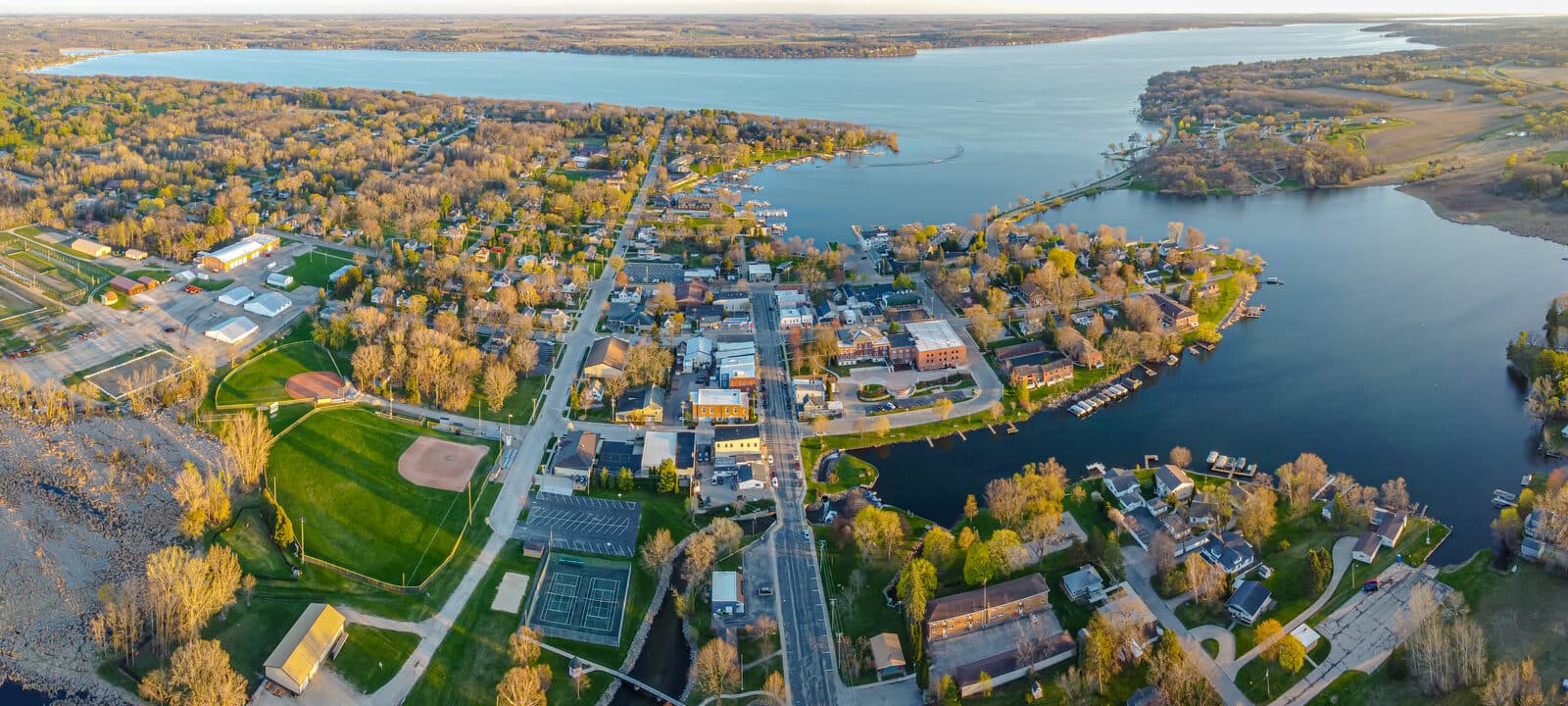 Green Lake Triathlon: an aerial view of green lake, wisconsin, and its shoreline.