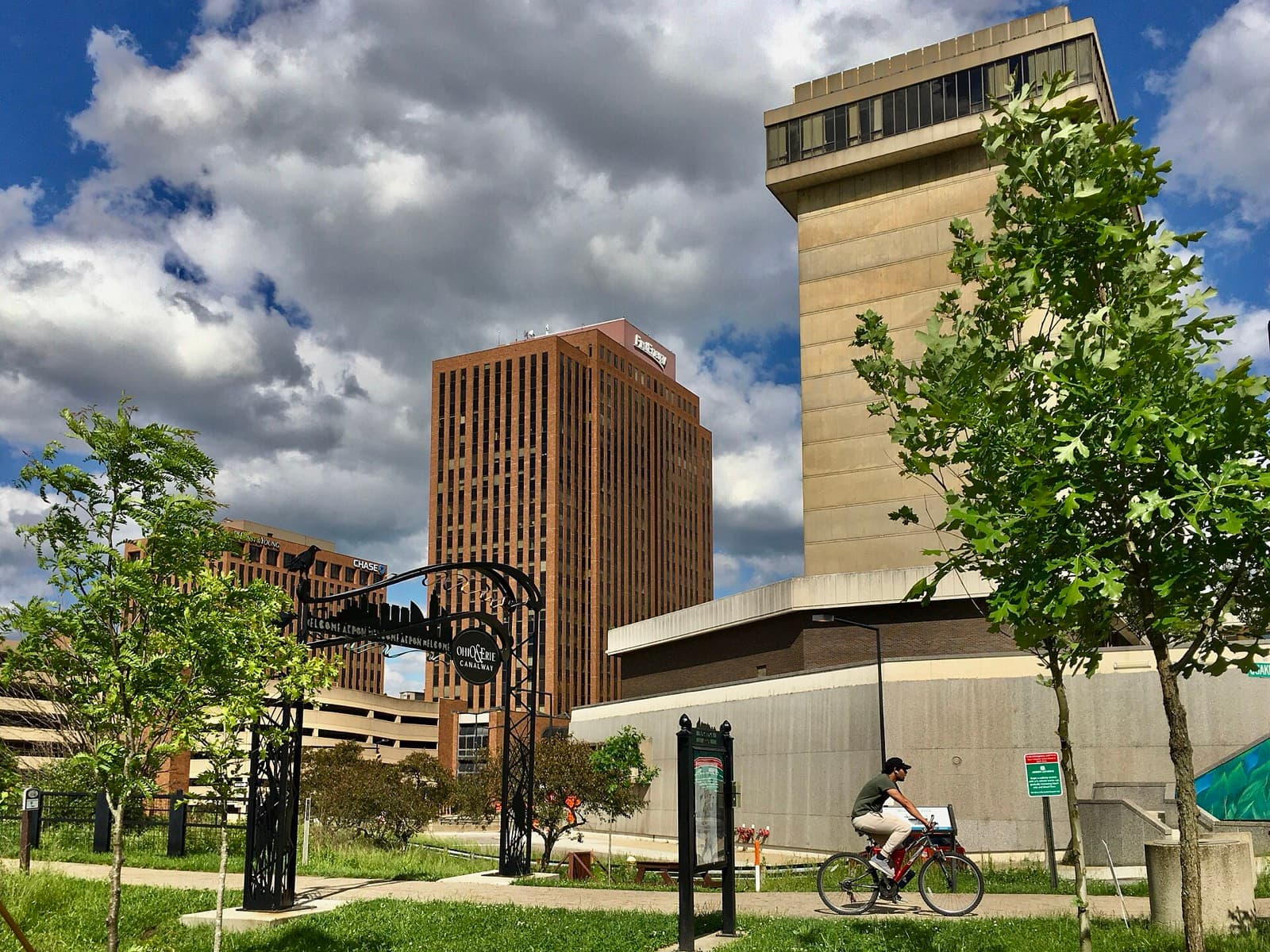 FirstEnergy Akron Marathon: downtown akron towers beside the ohio & erie canalway towpath, which the course touches