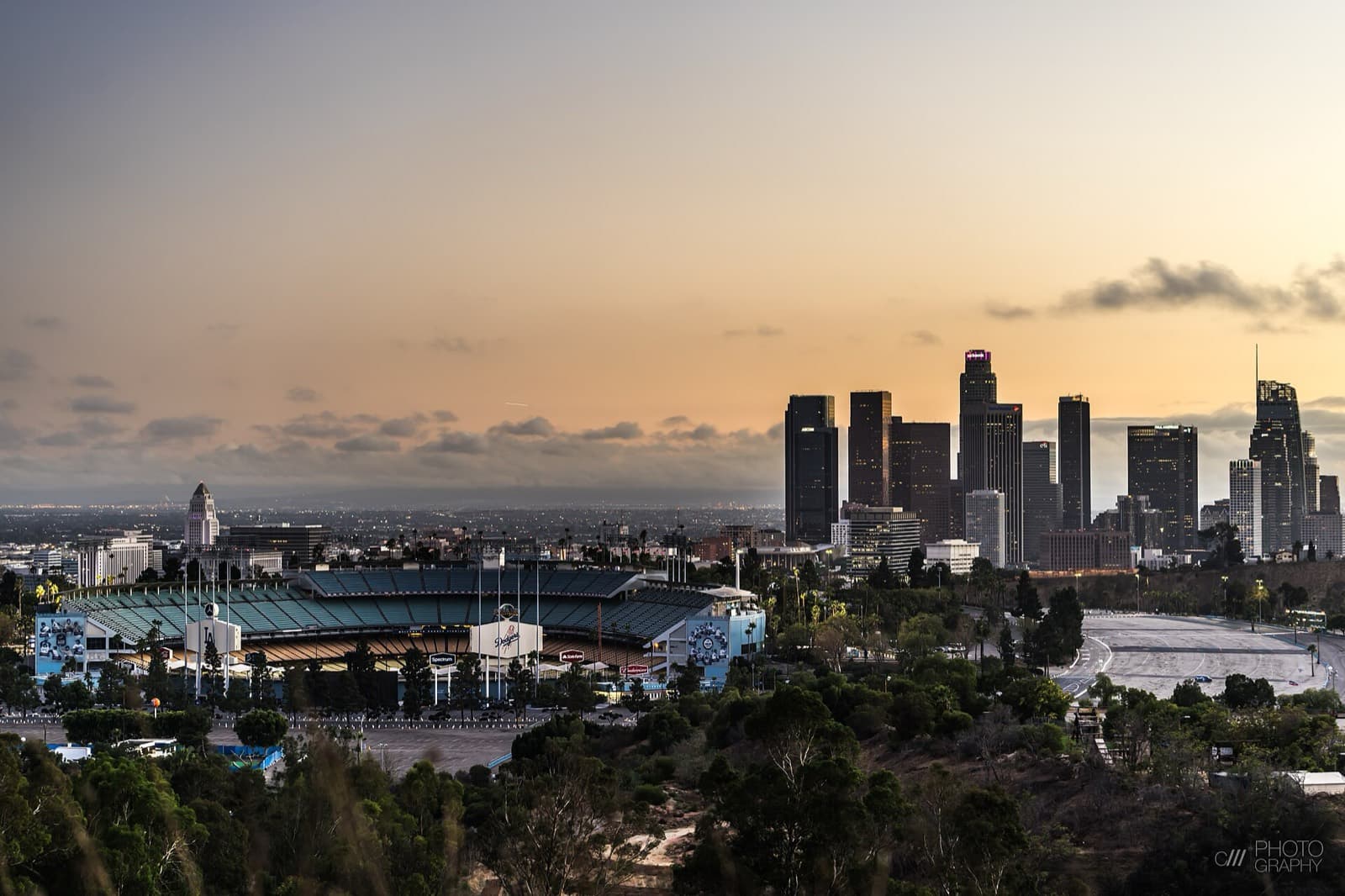 ASICS Los Angeles Marathon: dodger stadium (race start) with the downtown los angeles skyline at dusk