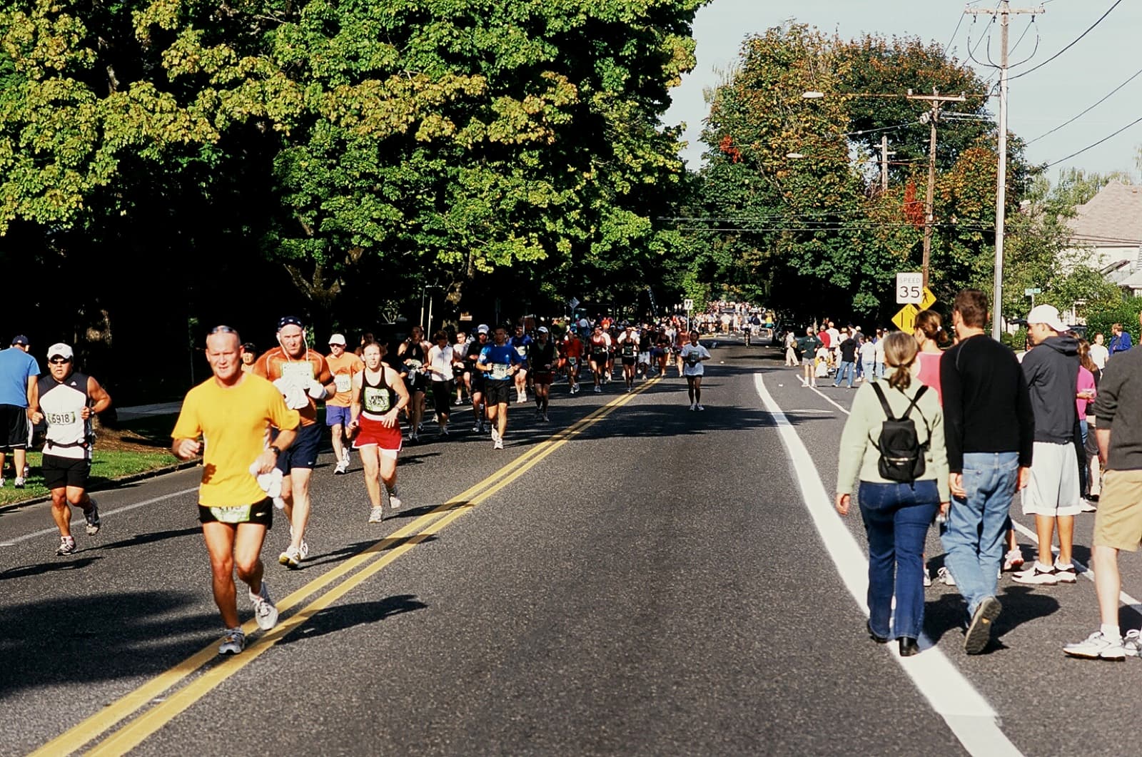 Portland Marathon: runners and spectators on a tree-lined portland street during the marathon