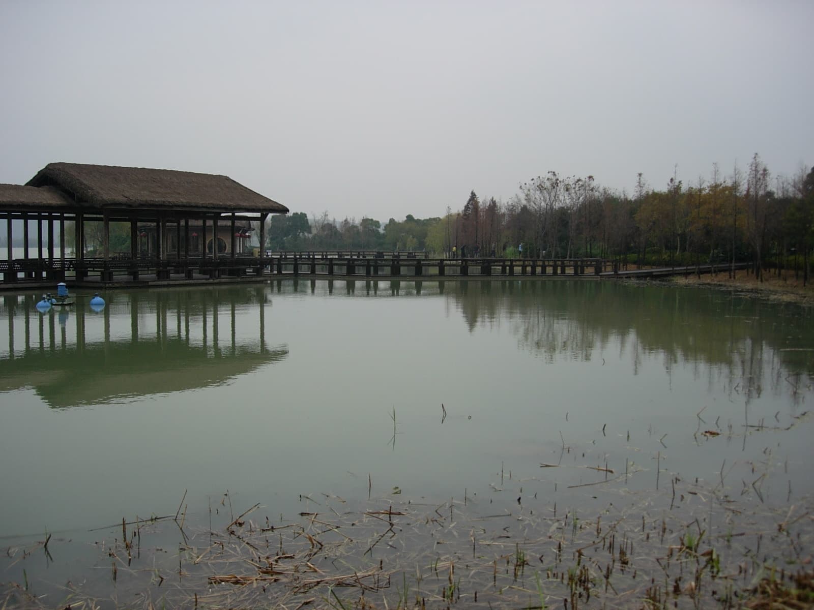 Wuxi Marathon: lihu lake with a lakeside pavilion, on the course