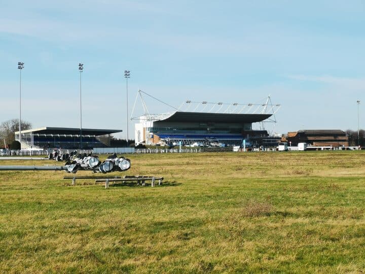 Grandstands across the infield at Kempton Park Racecourse, Sunbury-on-Thames