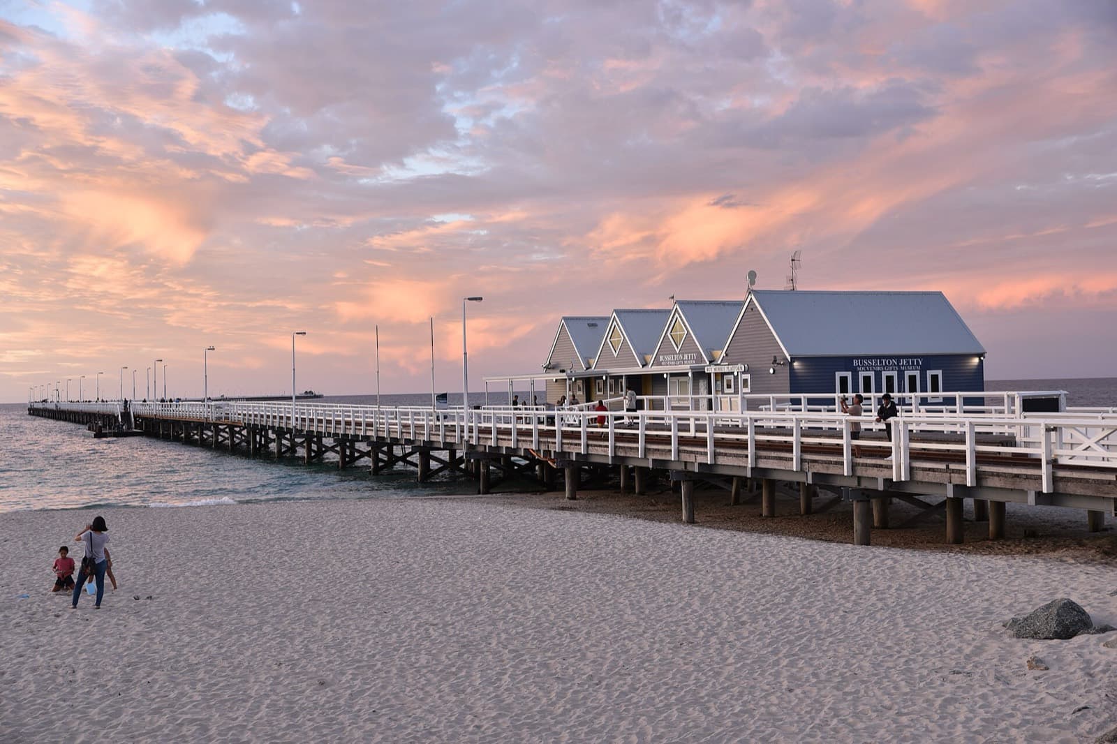 Busselton 100 (Festival of Triathlon): busselton jetty at sunset from the beach on geographe bay, the swim venue