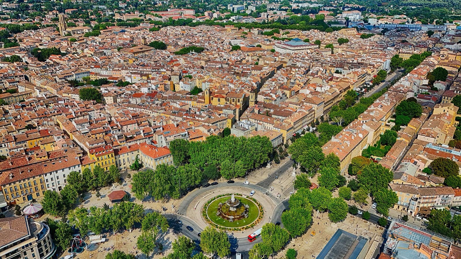 IRONMAN 70.3 Aix-en-Provence (Pays d'Aix): aerial view of la rotonde fountain and cours mirabeau (run/finish area)