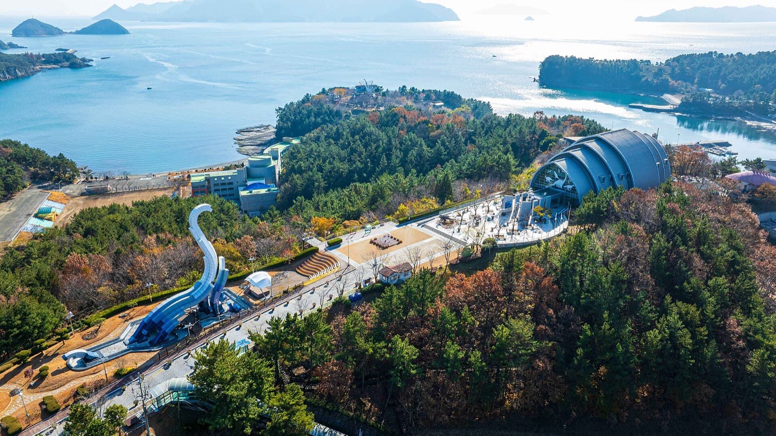 IRONMAN 70.3 Goseong: aerial of goseong dinosaur museum and coast near the race venue