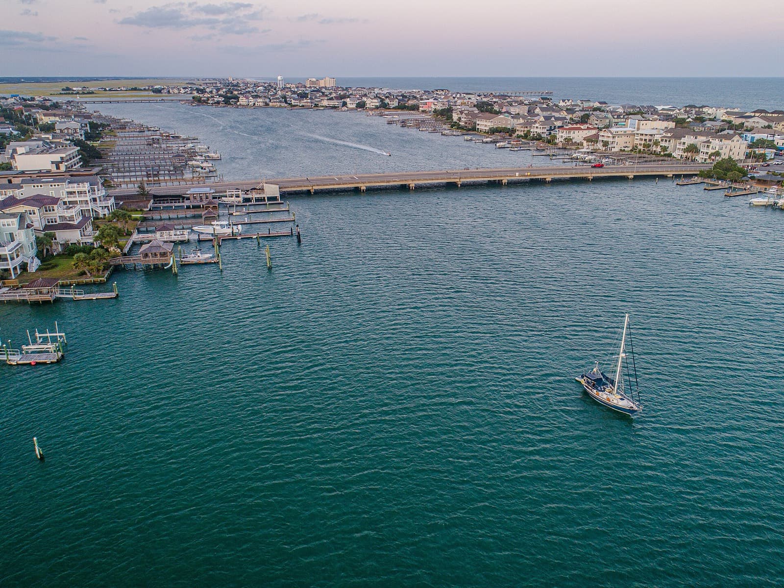IRONMAN 70.3 North Carolina: aerial of banks channel and the drawbridge at wrightsville beach, the swim and bike start area