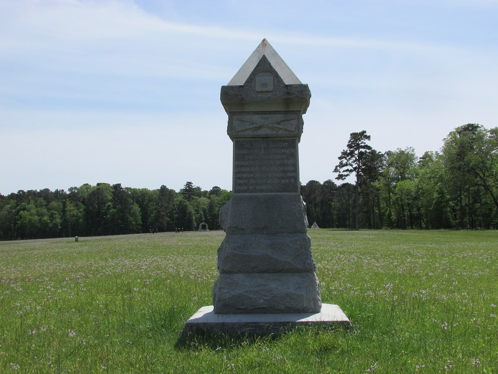Chickamauga Battlefield Marathon: regimental monument in an open field on the chickamauga battlefield, typical of the course scenery