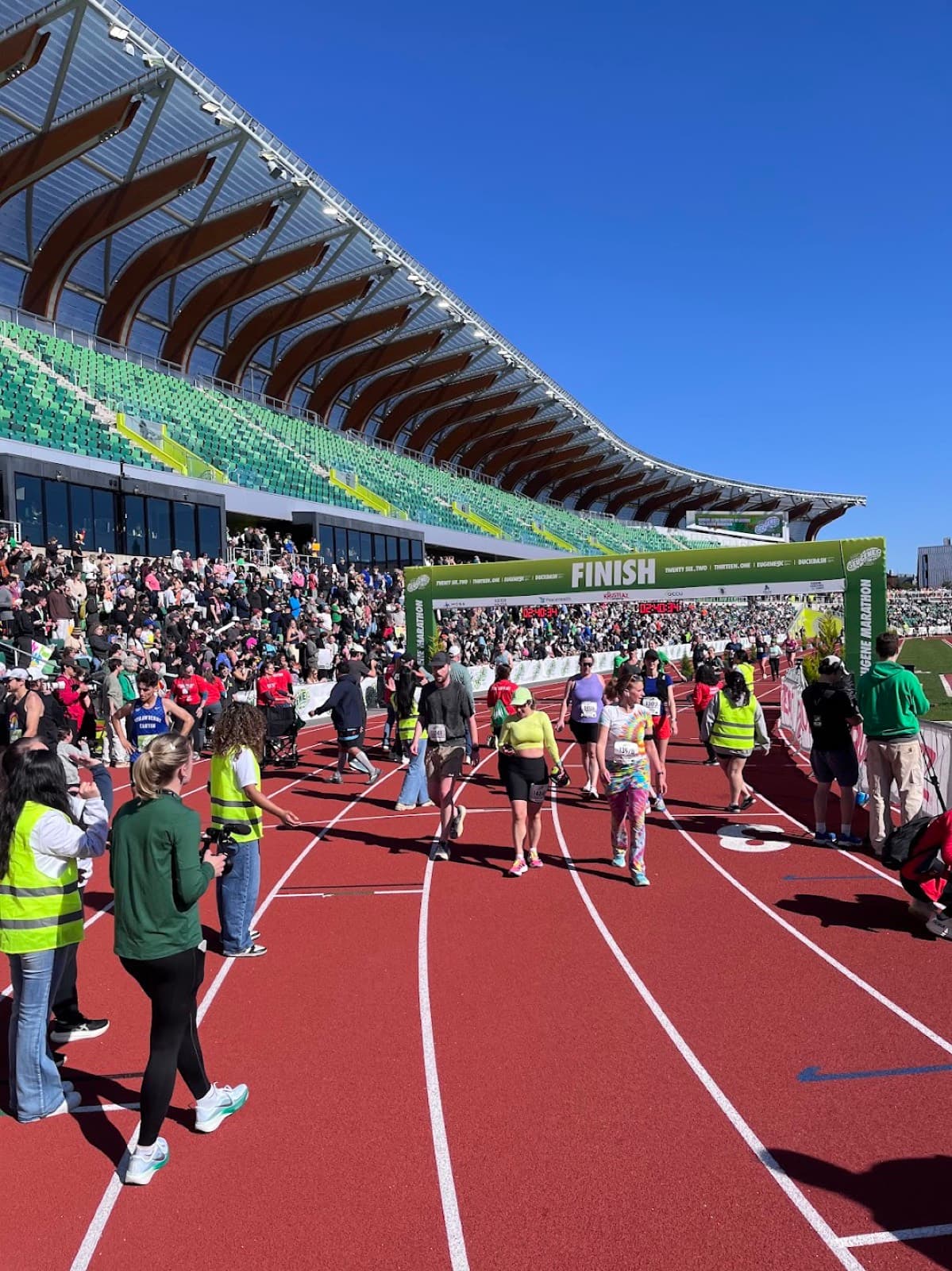Eugene Marathon: finish line on the hayward field track at the 2026 eugene marathon