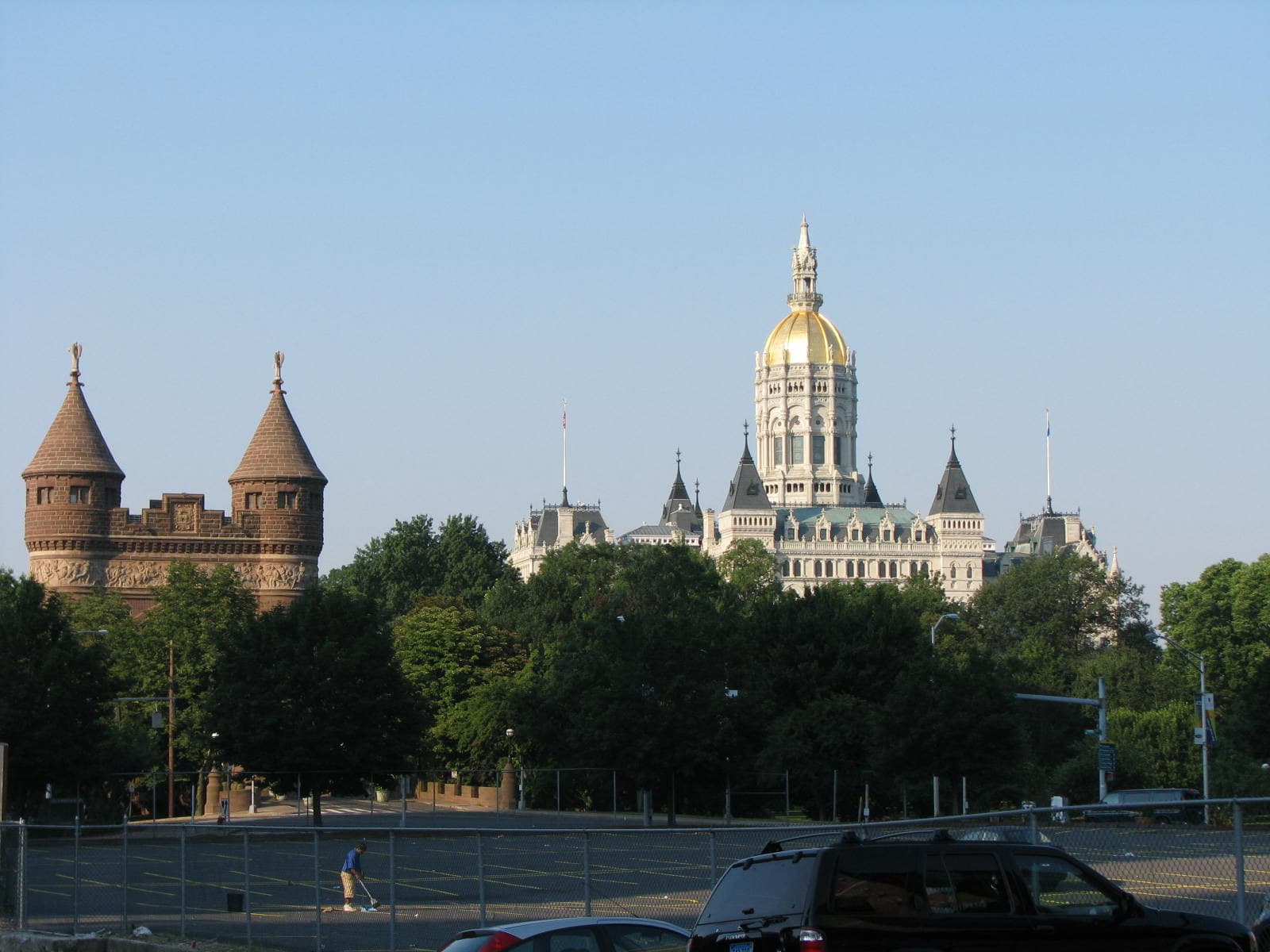 Eversource Hartford Marathon: state capitol dome and the soldiers and sailors memorial arch seen across bushnell park, the start and finish