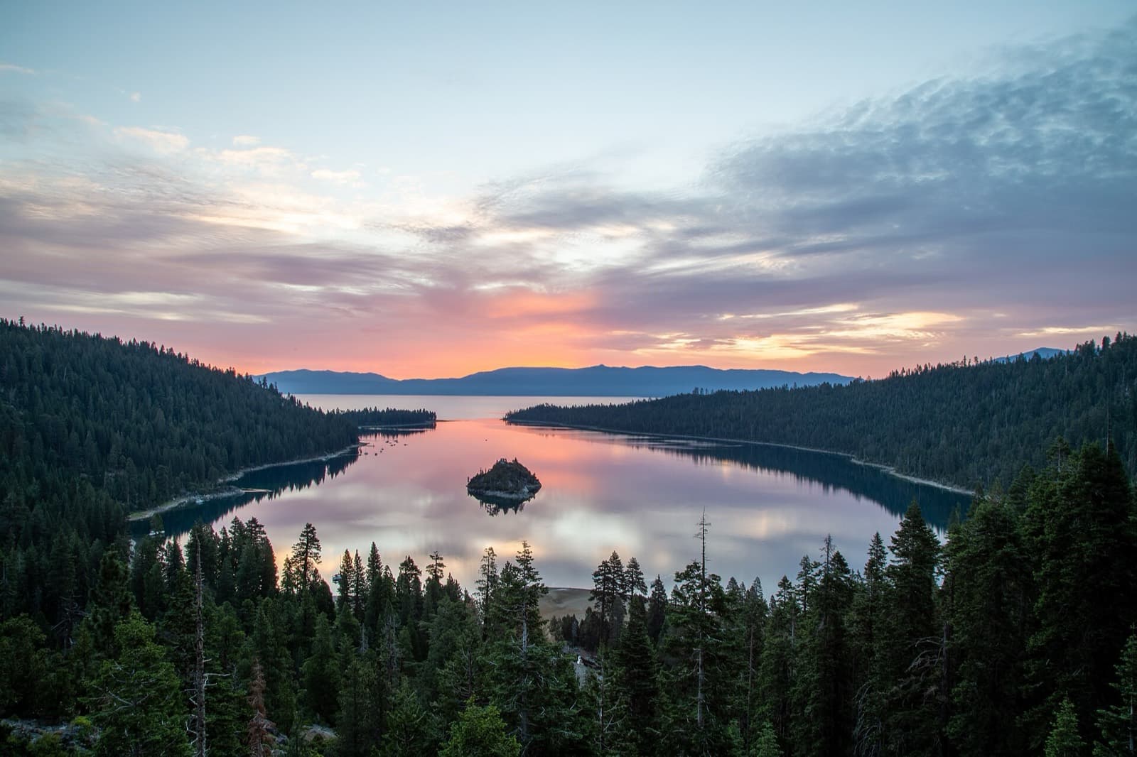 Lake Tahoe Marathon: emerald bay and fannette island at dawn, on the lake tahoe shore the course follows