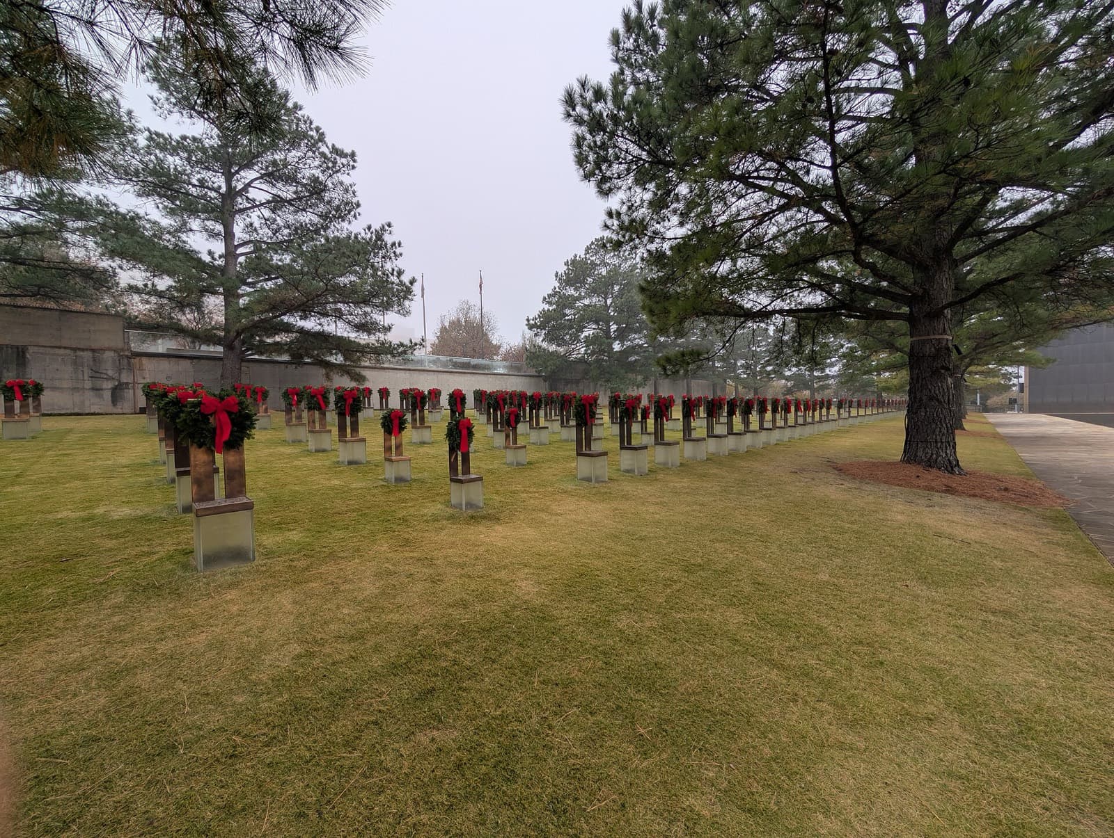 Oklahoma City Memorial Marathon: field of empty chairs at the oklahoma city national memorial beside the start (wreaths in december)