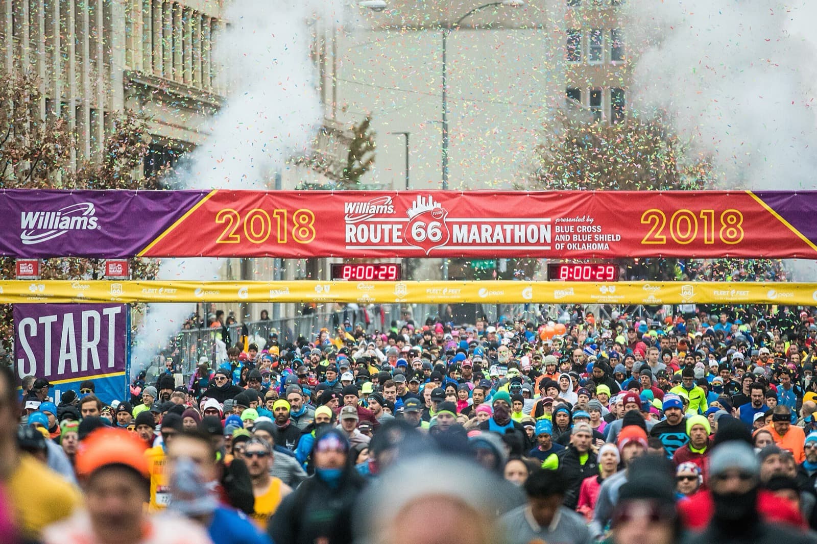 Williams Route 66 Marathon: packed start line with confetti at the 2018 williams route 66 marathon