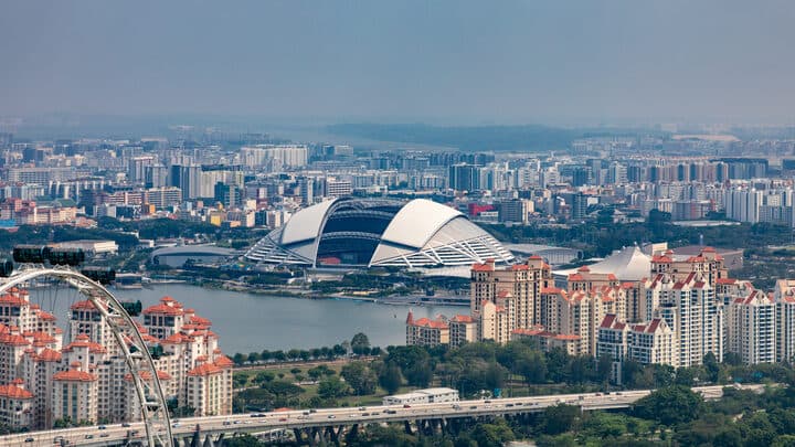 Aerial view over Kallang, Singapore, with the sports hub district