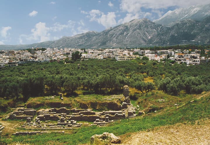 Sparta below the Taygetus mountains, with the ancient theatre in front
