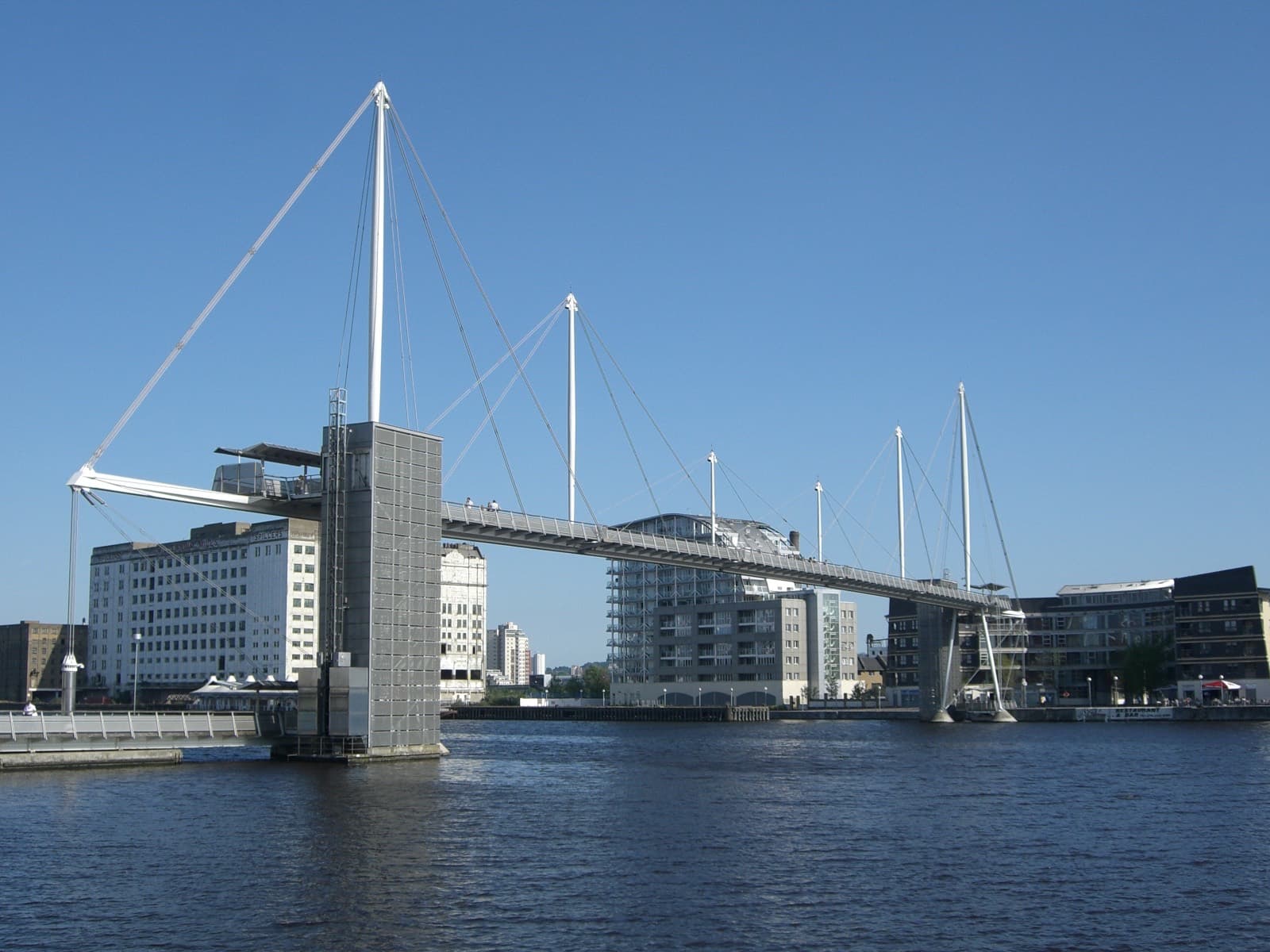 London Triathlon (London T100 weekend, ExCeL): royal victoria dock footbridge beside excel