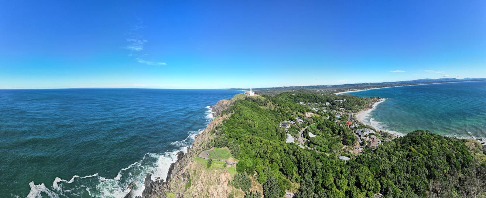 Byron Bay Triathlon & Multisport Festival: aerial panorama of byron bay headland, lighthouse and coastline
