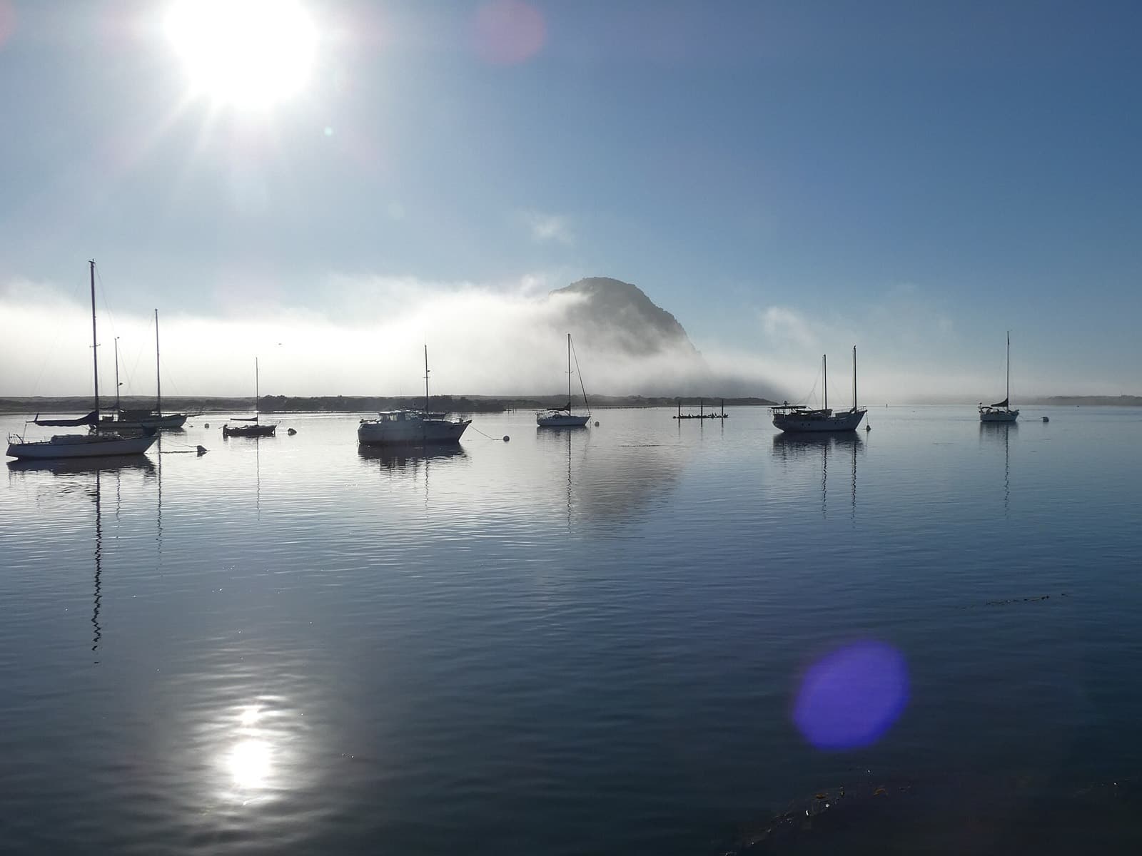 Morro Bay Triathlon: morro rock rising from fog over morro bay harbor