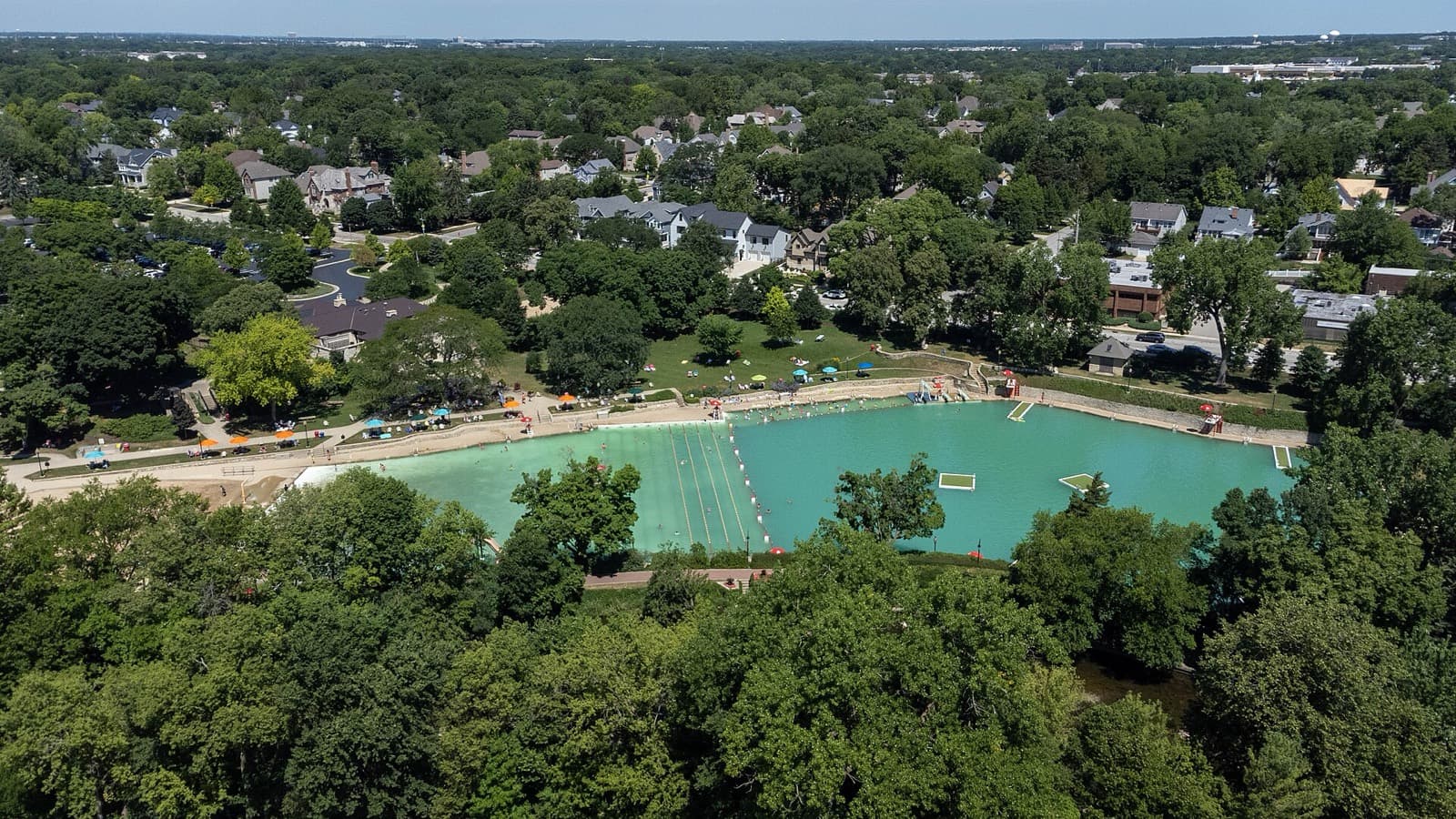 Naperville Sprint Triathlon: aerial view of centennial beach quarry swim venue, naperville