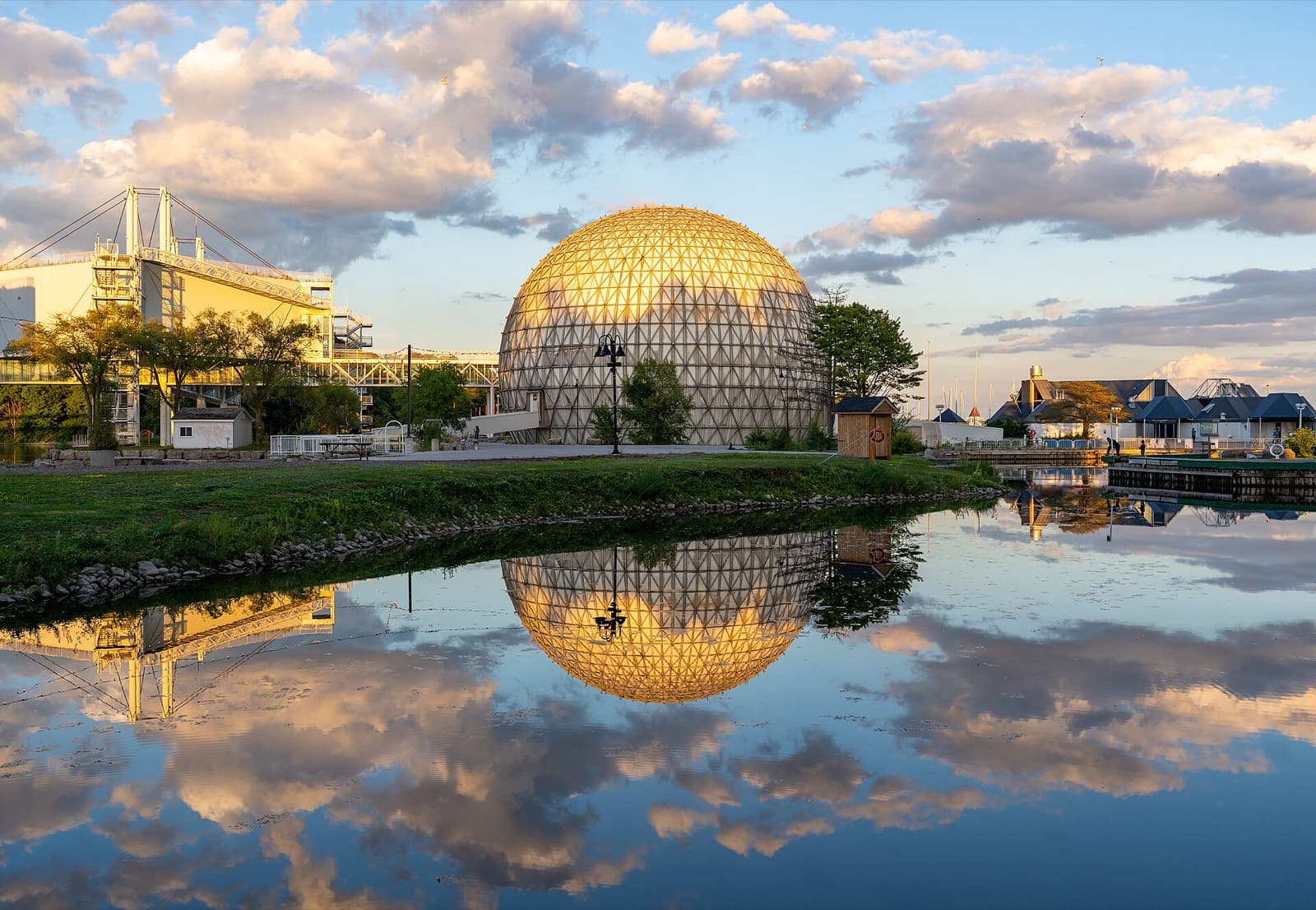 Toronto Triathlon Festival (Supertri Toronto): cinesphere reflected in the ontario place harbour at sunset (venue, not race day)