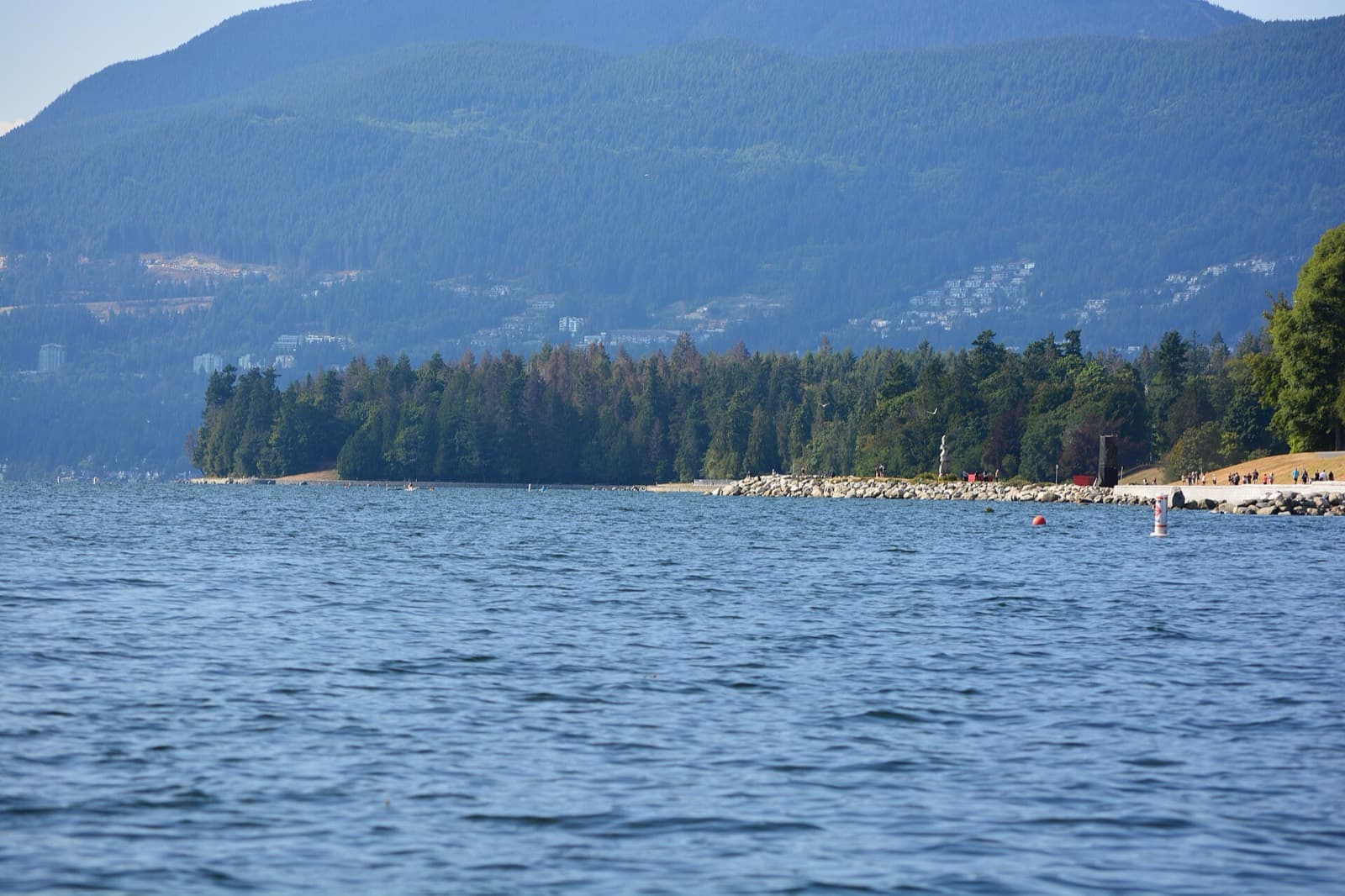 Vancouver Triathlon: stanley park shoreline and north shore mountains from english bay