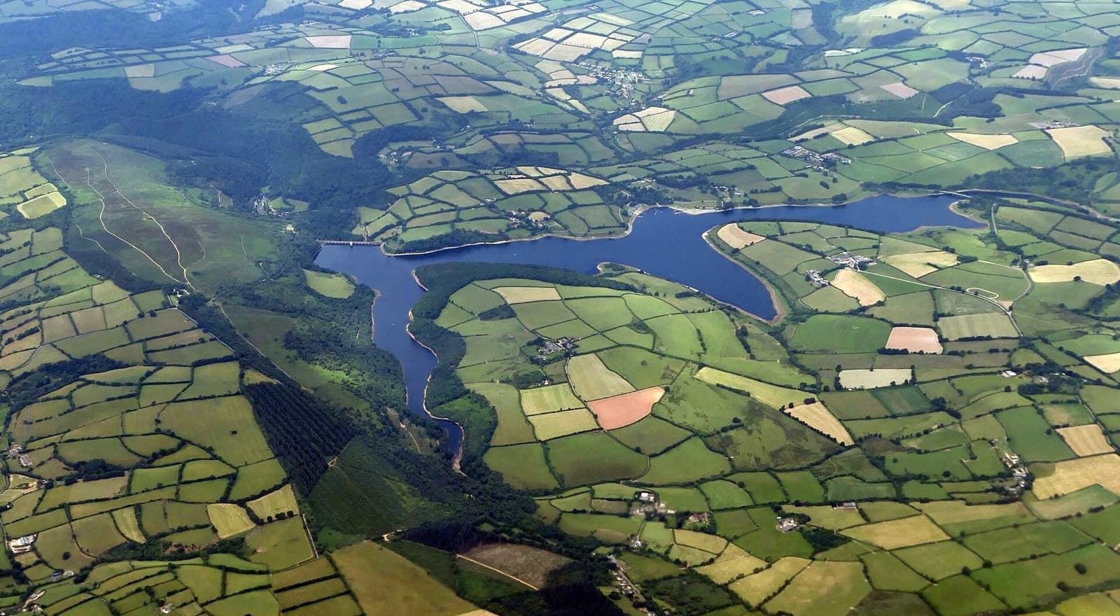 Wimbleball Triathlon: aerial view of wimbleball lake and exmoor fields