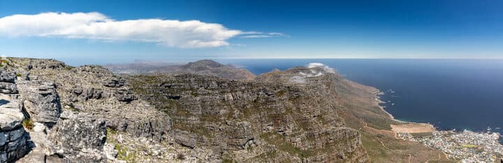 Table Mountain cliffs above Camps Bay and the Atlantic coast, Cape Town; outside race day